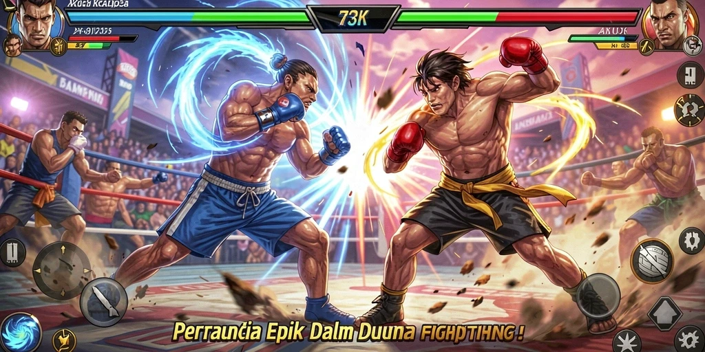 Screenshot dari gameplay 73K yang menampilkan aksi pertarungan.