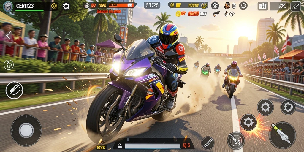 Gameplay seru CERI123 dalam balapan motor.