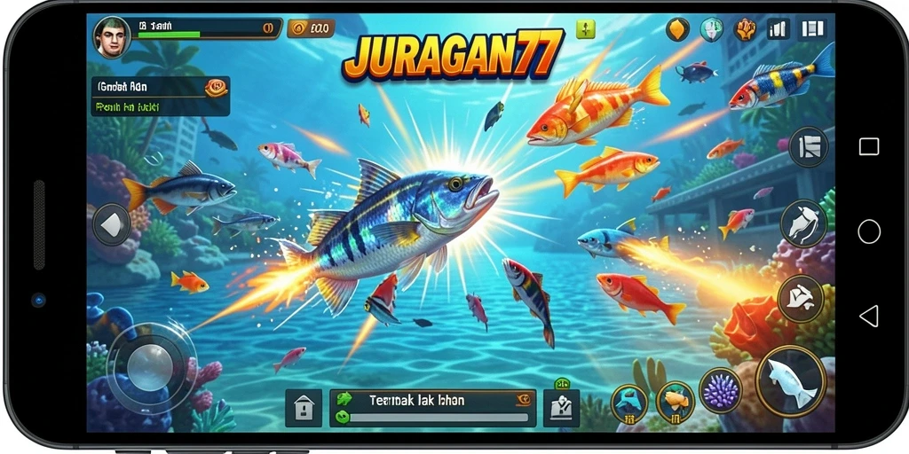 Screenshot gameplay JURAGAN77 menampilkan aksi menembak ikan yang mengasyikkan.