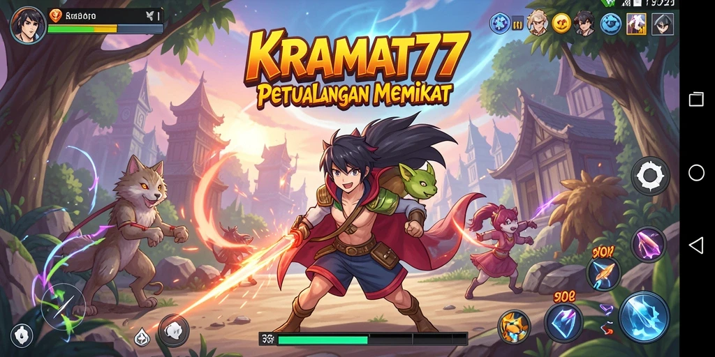 Screenshot gameplay KRAMAT77 yang menampilkan aksi seru dan karakter anime.