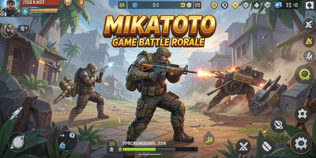Screenshot gameplay MIKATOTO menampilkan pertempuran intens di medan perang.