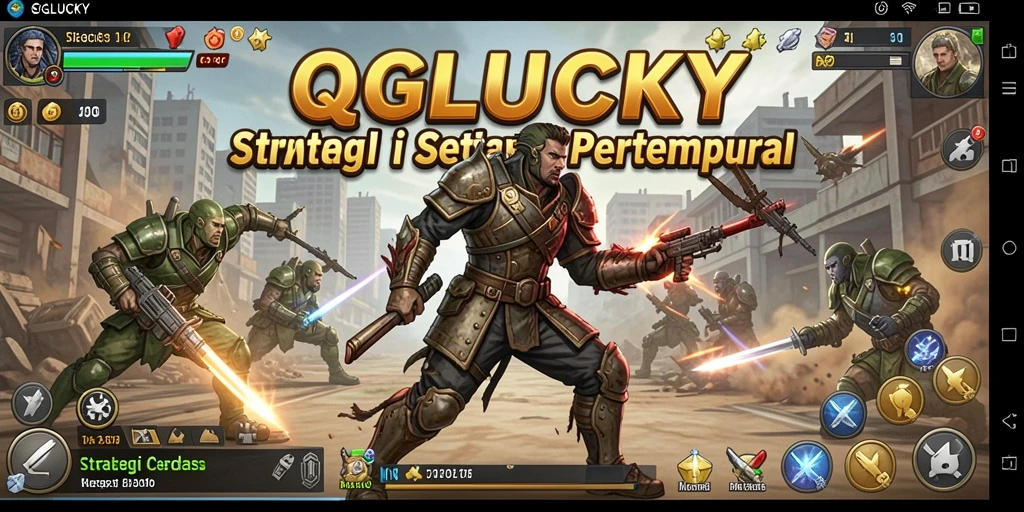 Tangkapan layar gameplay QGLUCKY dengan pertempuran strategi intens.