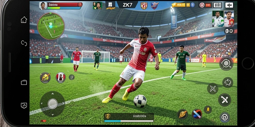 Tangkapan layar ZK7 menampilkan aksi pertandingan sepak bola yang mendebarkan.